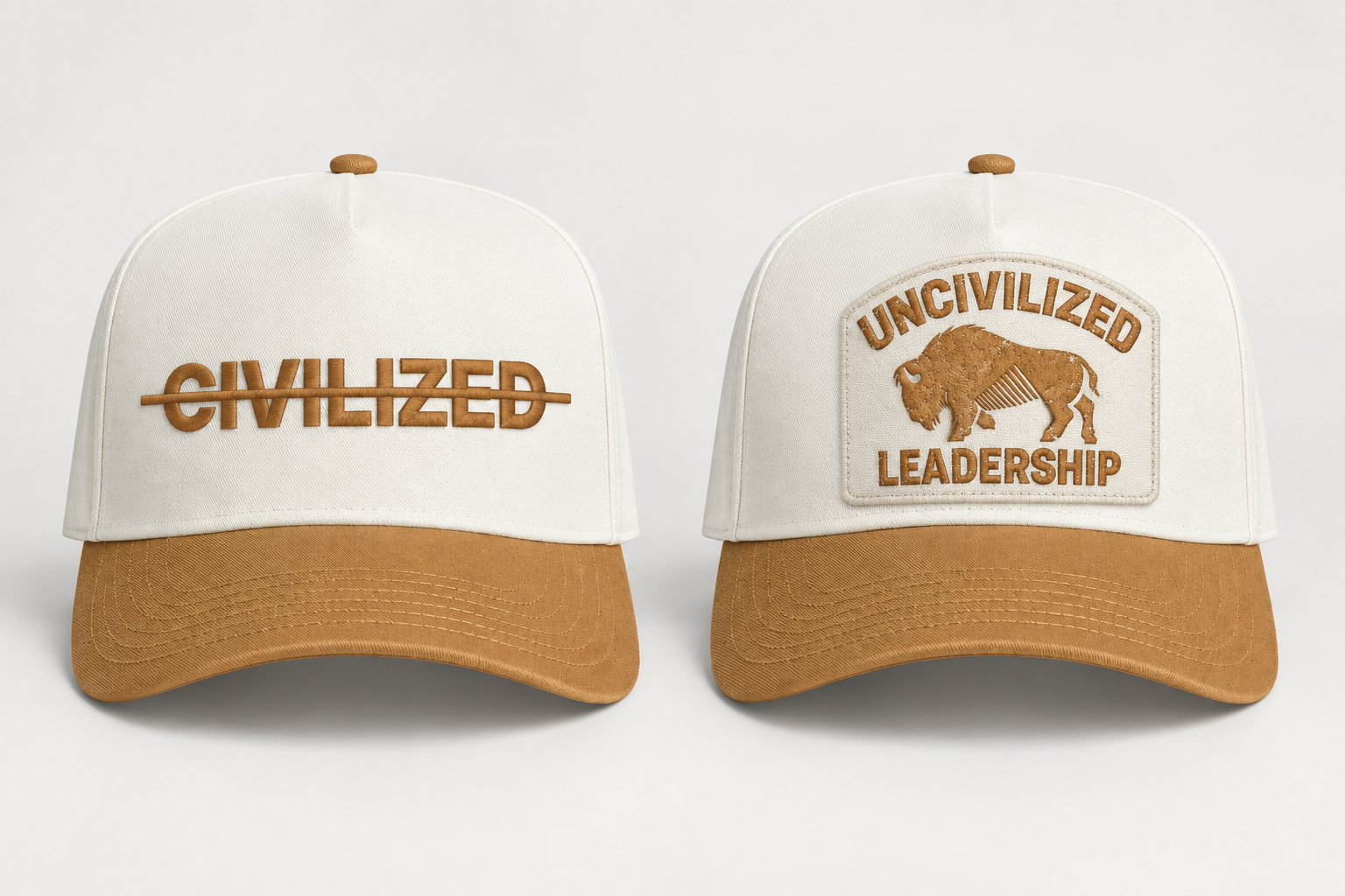 Two cream and caramel Uncivilized Leadership hats: one with Civilized crossed out, one with a buffalo patch